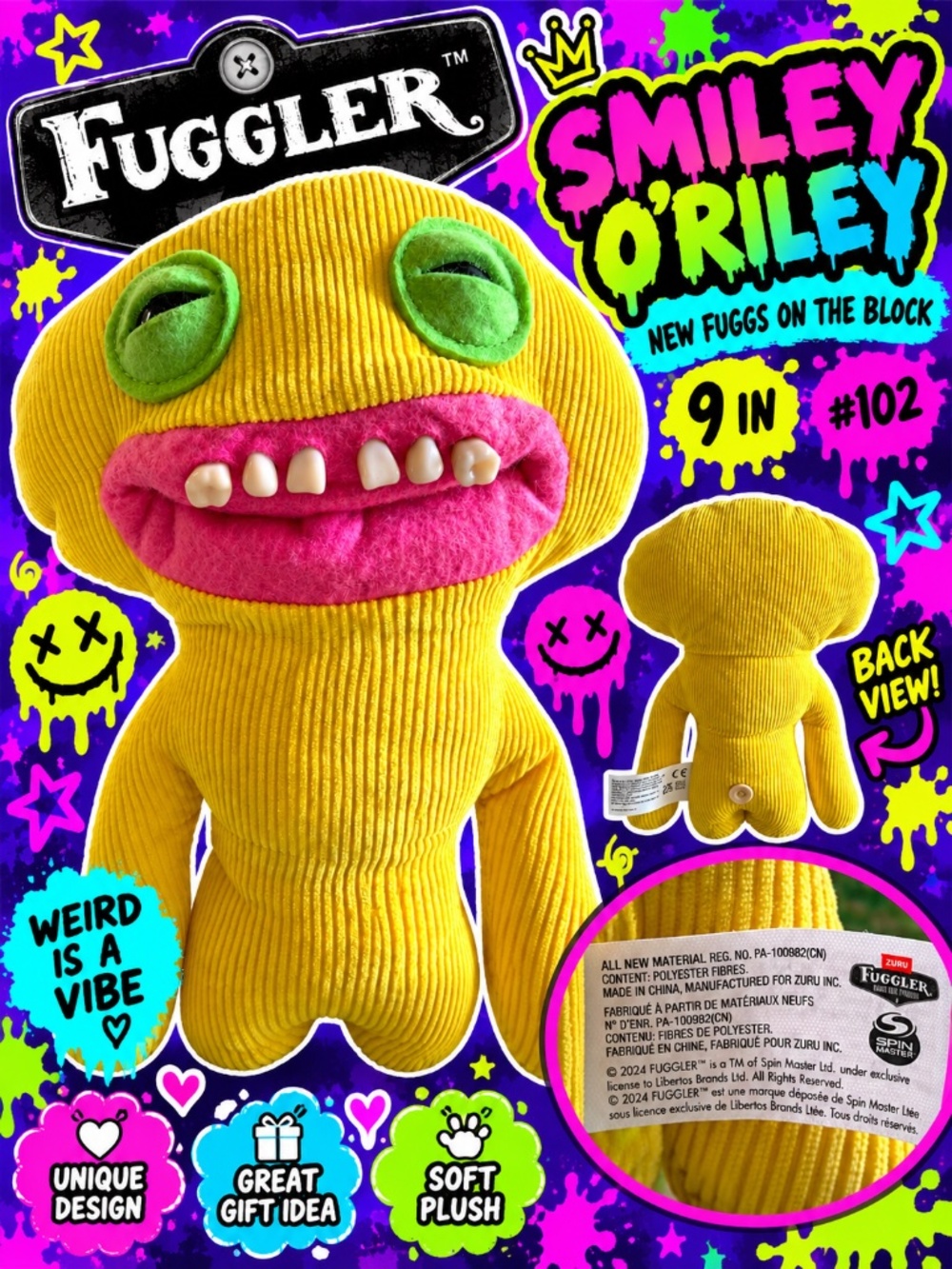 Fuggler Smiley O’Riley Yellow Corduroy 9” Funny Ugly Monster Plush